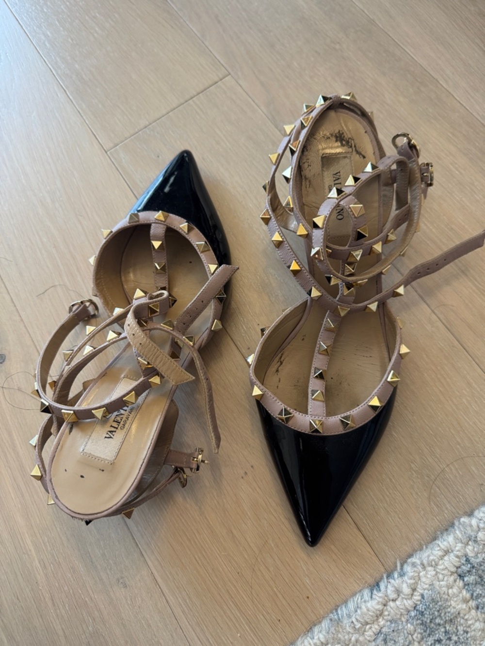 Valentino Black Patent Pointed Toe Rockstud Ankle Tie Flats with Nude Straps